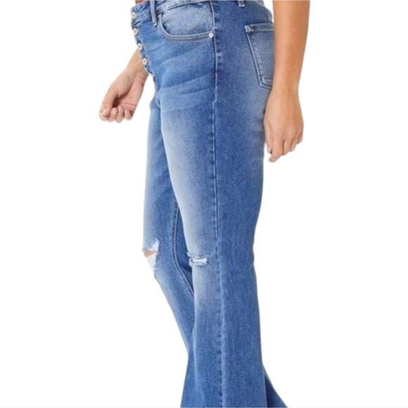 Kancan Flirting With A Stranger Plus Size Denim Distressed Flare Button Jeans - Picture 5 of 16